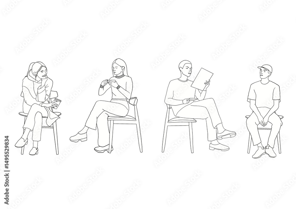 Seated people silhouettes on transparent background, 2D, black and White people silhouettes Seated people silhouettes on transparent background, 2D, black and White people silhouettes