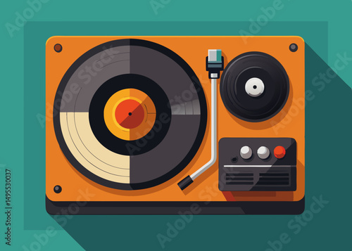 Retro Orange Turntable with Vinyl Record Top View Illustration
