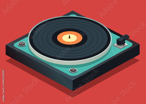 Retro Turntable with Vinyl Record Isometric Illustration