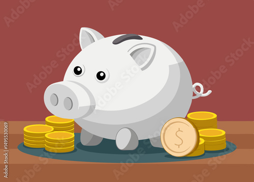 White Piggy Bank with Stacks of Gold Coins on Wooden Surface