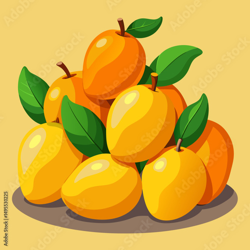 A Pile of Ripe Yellow Mangoes with Green Leaves