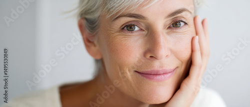 Closeup of mature woman with smooth skin and gentle smile showing natural beauty and confidence in bright setting