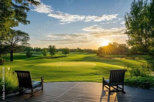 A scenic golf course view from the back deck of a luxury home under a clear and peaceful sky