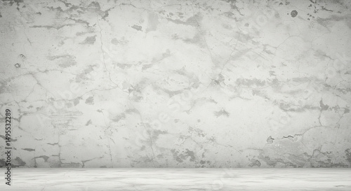 Soft White Grunge Texture on Aged Concrete Wall – Wide Banner Format with Gray Chips, Cracks, and Scratches, Offering Copy Space for Text in Vintage, Industrial-Inspired Design Projects photo