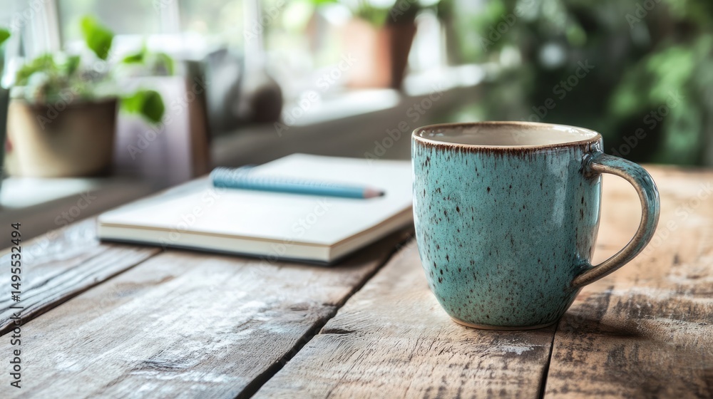 Ceramic mug and notebooks on wooden table indoors with text space Ceramic mug and notebooks on wooden table indoors with text space
