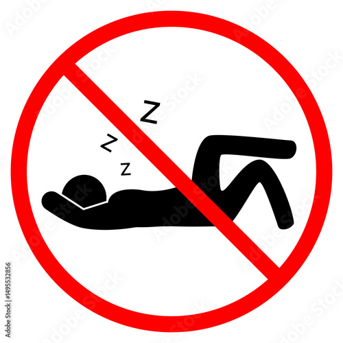 This sign displays a person lying down with a red prohibition symbol, indicating that sleeping is not allowed in this area to maintain order, cleanliness, and proper use of the space.