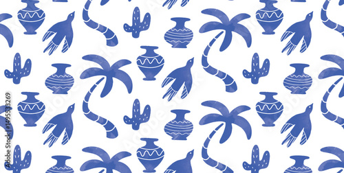 Seamless pattern with Palm Tree, Bird, Cactus, Ceramic Vase in blue Mediterranean style. Abstract summer elements on white background. Hand drawn flat vector illustration.