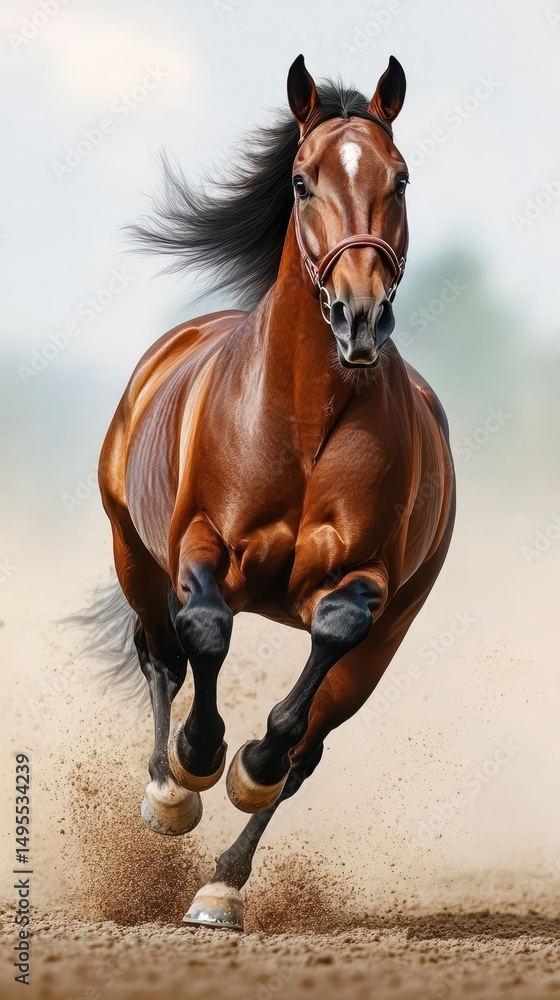 Obraz premium Majestic brown horse gallops across sandy terrain under a clear sky during the early morning light