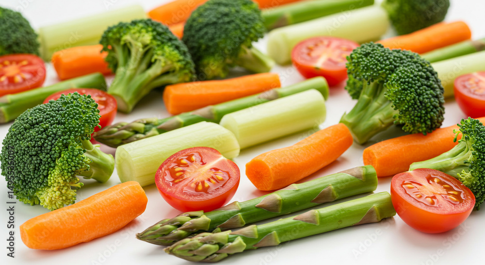 Assortment of fresh vegetables on a white surface Assortment of fresh vegetables on a white surface