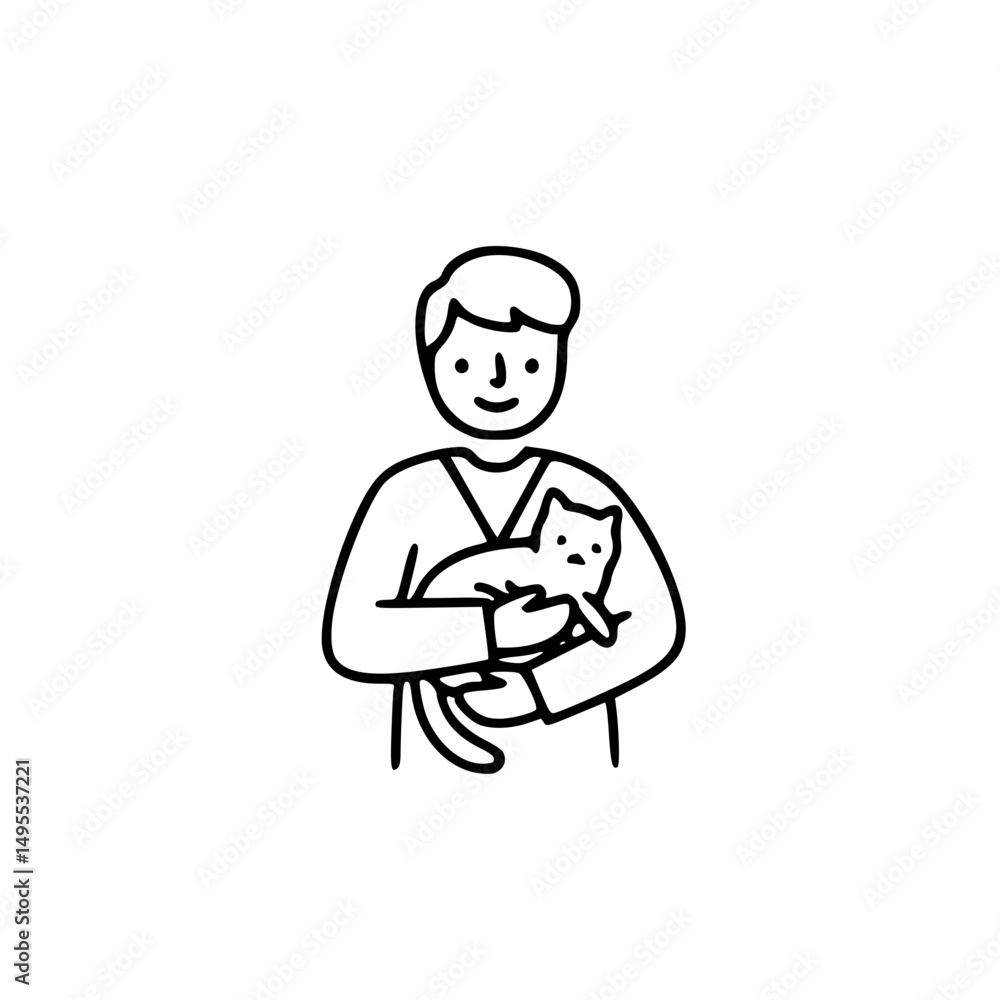 Gentleman Gently Holding an Adorable Kitten Line Art Illustration Gentleman Gently Holding an Adorable Kitten Line Art Illustration