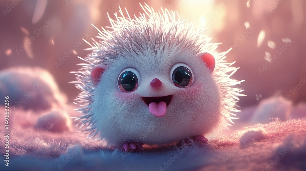 A cuddly hedgehog with oversized quills that resemble fluffy cotton candy, big expressive eyes, and a tiny pink tongue sticking out playfully. A cuddly hedgehog with oversized quills that resemble fluffy cotton candy, big expressive eyes, and a tiny pink tongue sticking out playfully.