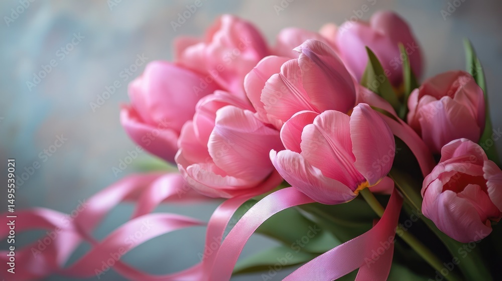 Obraz premium Creating lovely tulip bouquet with ribbon, close-up