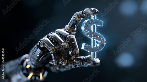Robotic hand holding futuristic digital dollar illustration