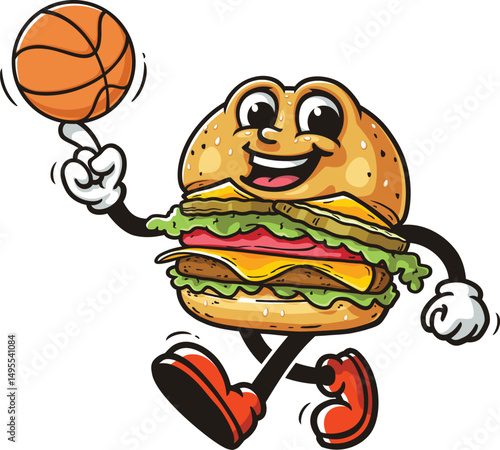 Cartoon character burger playing basketball