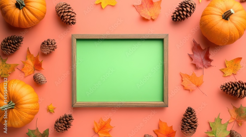 Obraz premium Fall-themed banner with pumpkins, leaves, cones, and green screen photo frame on light background
