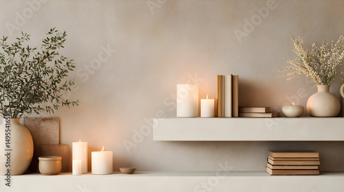 Wallpaper Mural A clean white shelf on a grainy stucco wall, pastel candles and books arranged in minimal order, side-lit with natural softness 80053750 1 Torontodigital.ca