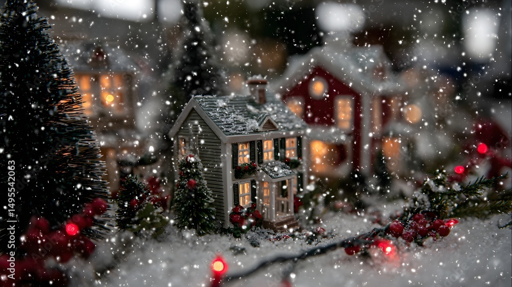 Charming miniature village scene, cozy houses adorned with lights, festive atmosphere ideal for holiday themes or decorations. Charming miniature village scene, cozy houses adorned with lights, festive atmosphere ideal for holiday themes or decorations.