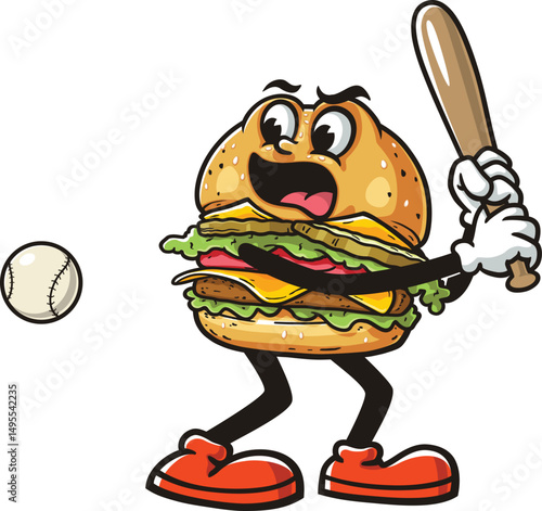 Cartoon character burger playing baseball