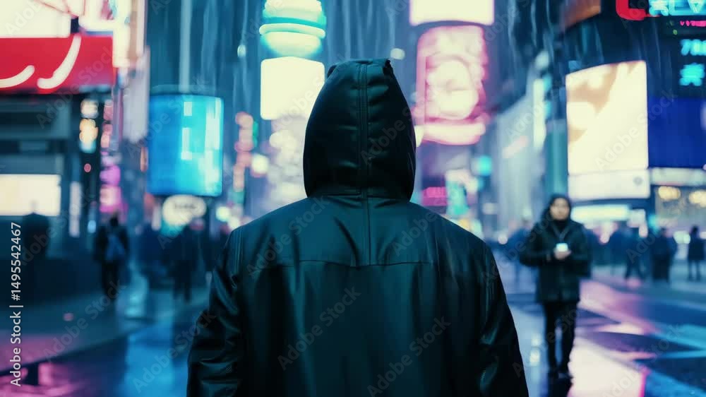 Hooded man walk alone in neon crowd, back to camera lonely figure faces bustling signs, lonely figure remains isolated, lonely figure embodies urban solitude. Isolation concept