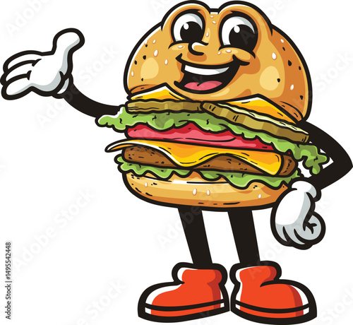 Cartoon burger character with welcoming pose