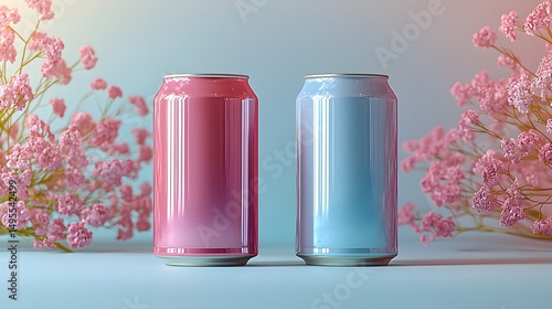 Two elegant pastel soda cans mockup with a minimalist aesthetic design perfect for ing and packaging showcasing a gradient pink and light blue color scheme surrounded by