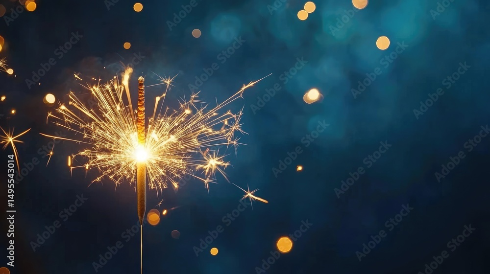 Fototapeta premium Golden firework sparklers on dark blue night sky background with space for text