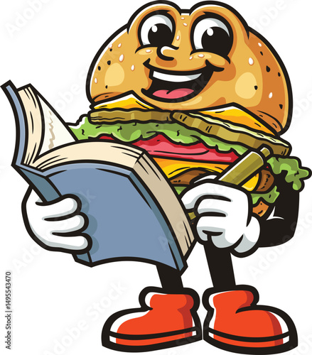 Cartoon character burger holding a book