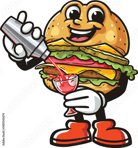Cartoon burger character making cocktail