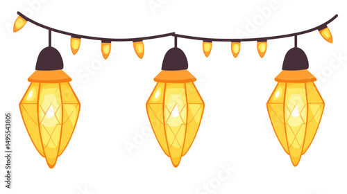 Decorative Yellow Lanterns Hanging in a Row Emit Warm Light Against a White Background