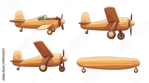 Detailed Set of Four Illustrative Wooden Airplane Designs in a Creative Style
