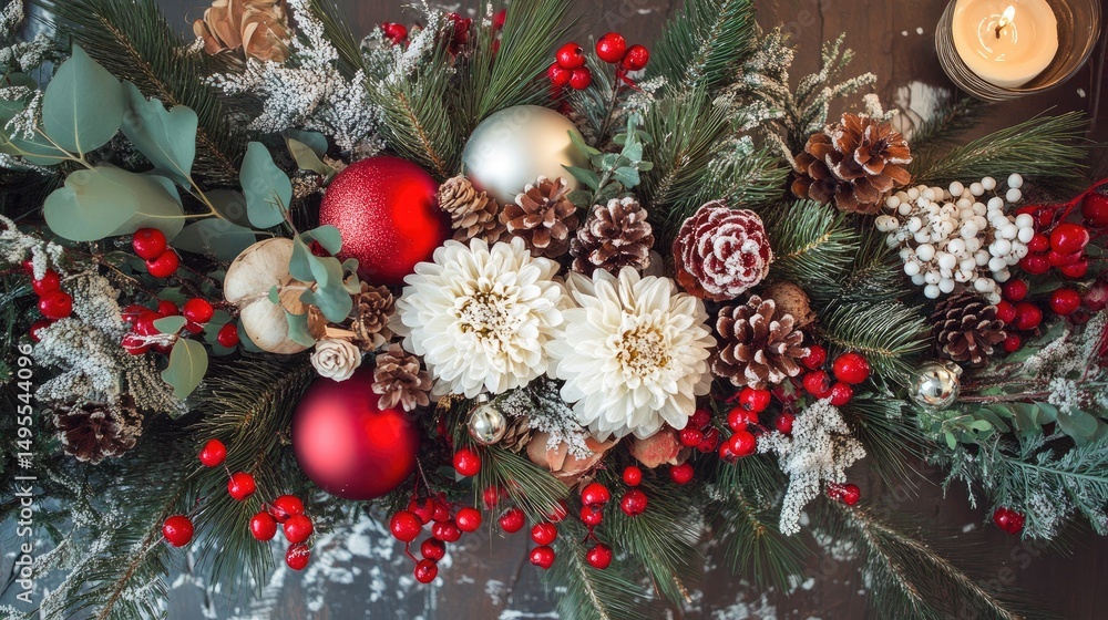 Fototapeta premium Holiday arrangement: Festive decorations from above