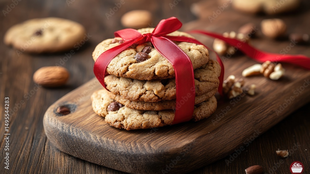 Fototapeta premium Homemade nut cookies with red ribbon on vintage wooden boards for festive occasions.