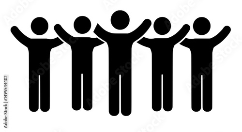 United Group Cheering Silhouette, Joyful Team Arms Raised Vector