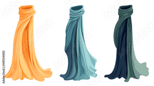 Elegant Draped Scarves in Vibrant Colors Flowing Gracefully Against a White Background