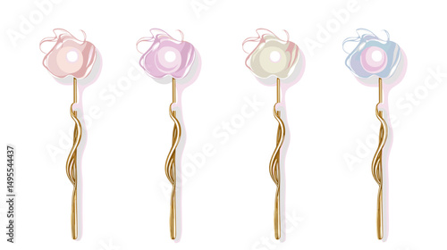 Elegant Floral Hairpins in Pastel Colors with Gold Accents Displayed in a Row