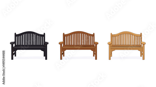 Elegant Wooden Benches in Three Finishes Showcasing Versatile Outdoor Seating Options