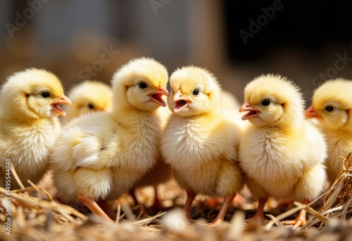 Group of fluffy yellow baby chicks standing on a nest of straw