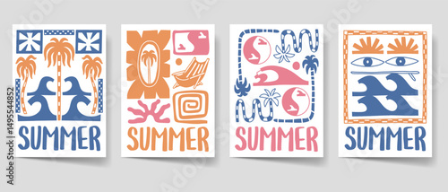 Vintage summer poster set. Paradise beach bohemian illustration style for print, wall art. Boho illustration vector collection. Retro summer cover bundle. 