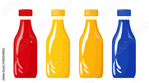 Four Colorful Bottles Of Condiments In Red Yellow And Blue Arranged On A White Background