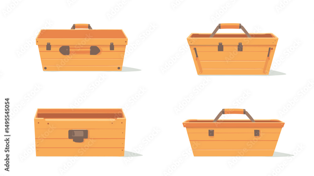 Four Distinct Wooden Toolboxes with Different Styles and Views on a White Background Four Distinct Wooden Toolboxes with Different Styles and Views on a White Background