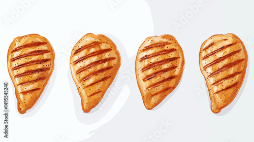 Four Grilled Chicken Breast Fillets with Distinct Grill Marks on a White Background