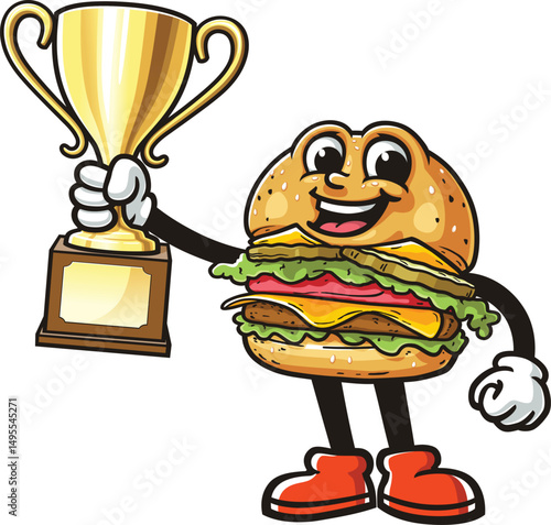 Cartoon burger character holding a trophy