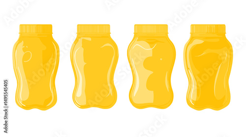 Four Yellow Squeeze Bottles of Mustard in a Row on a White Background