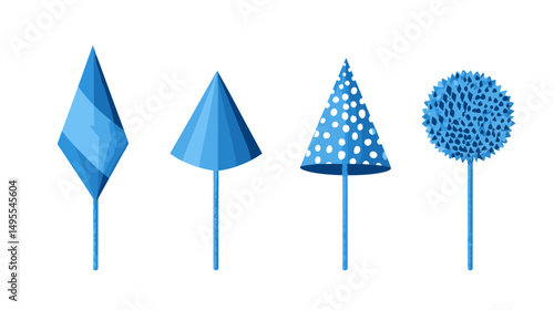 Geometric Arrangement of Various Blue Shapes Including Triangles and Circular Forms