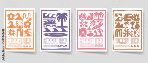 Vintage summer poster set. Surfing paradise beach bohemian illustration style for print, wall art. Minimalist boho illustration vector collection. Retro summer cover bundle. 