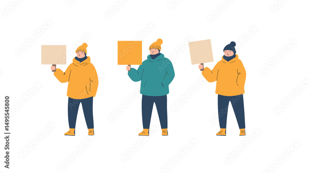 Obraz premium Group of Three People Holding Blank Signs in Winter Clothing Standing Together Outdoors