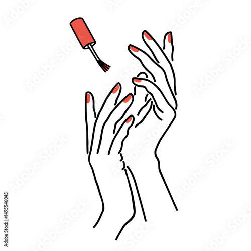 The lady does a manicure, paints her nails with varnish. Silhouette of female hands in a modern one line style. Solid line, aesthetic outline for decor, posters, stickers, logo. Vector illustration.