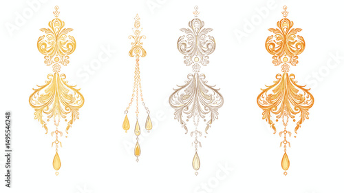 Intricate Decorative Pattern Featuring Gold and Silver Elements on a White Background