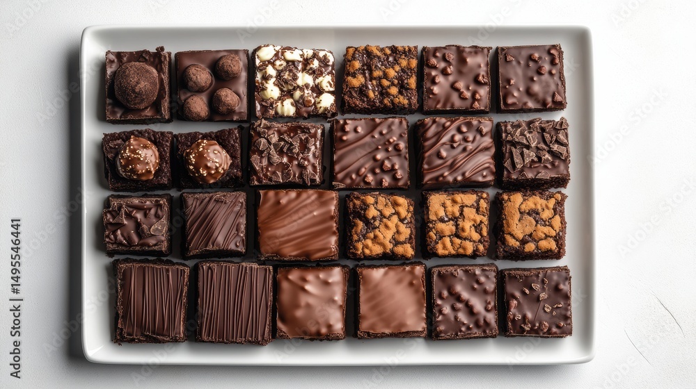 Obraz premium Flat lay assorted chocolate dessert plate with brownies truffles and cake on white background