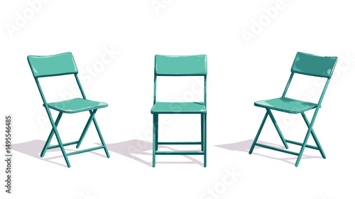 Minimalist Teal Folding Chairs in Dynamic Arrangement with Soft Shadows on White Background
